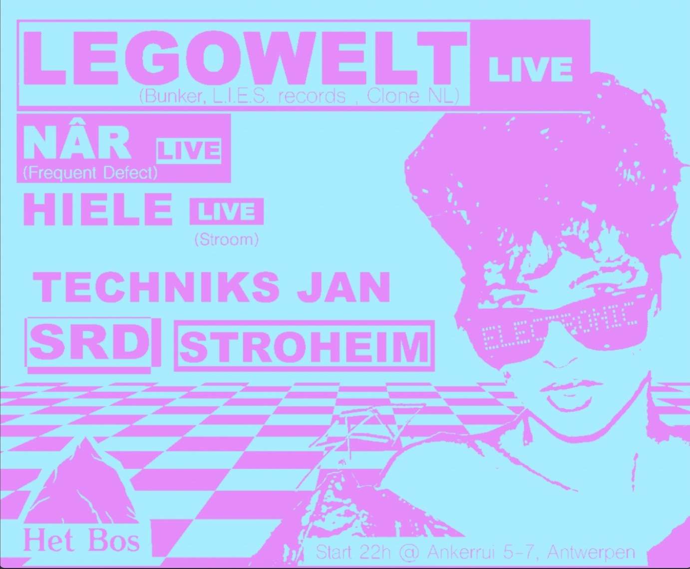 Promo van Legowelt (live) / NÂR (live) / Hiele (live) / Dj's SRD, Techniks Jan &amp; Stroheim , in opdracht van Het Bos