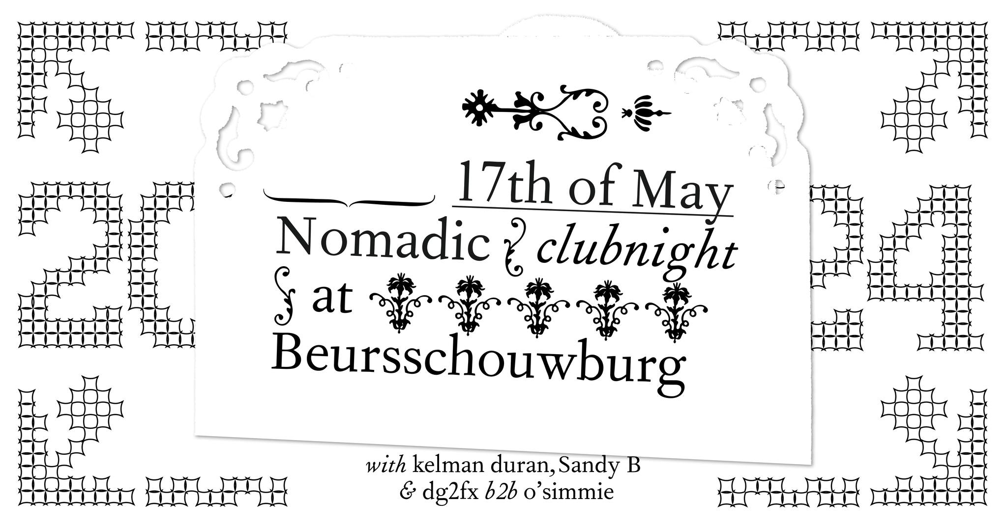 Artwork van Beursschouwburg en club night w/ Kelman Duran, Sandy B &amp; dg2fx b2b O’SIMMIE I Nomadic 2024
