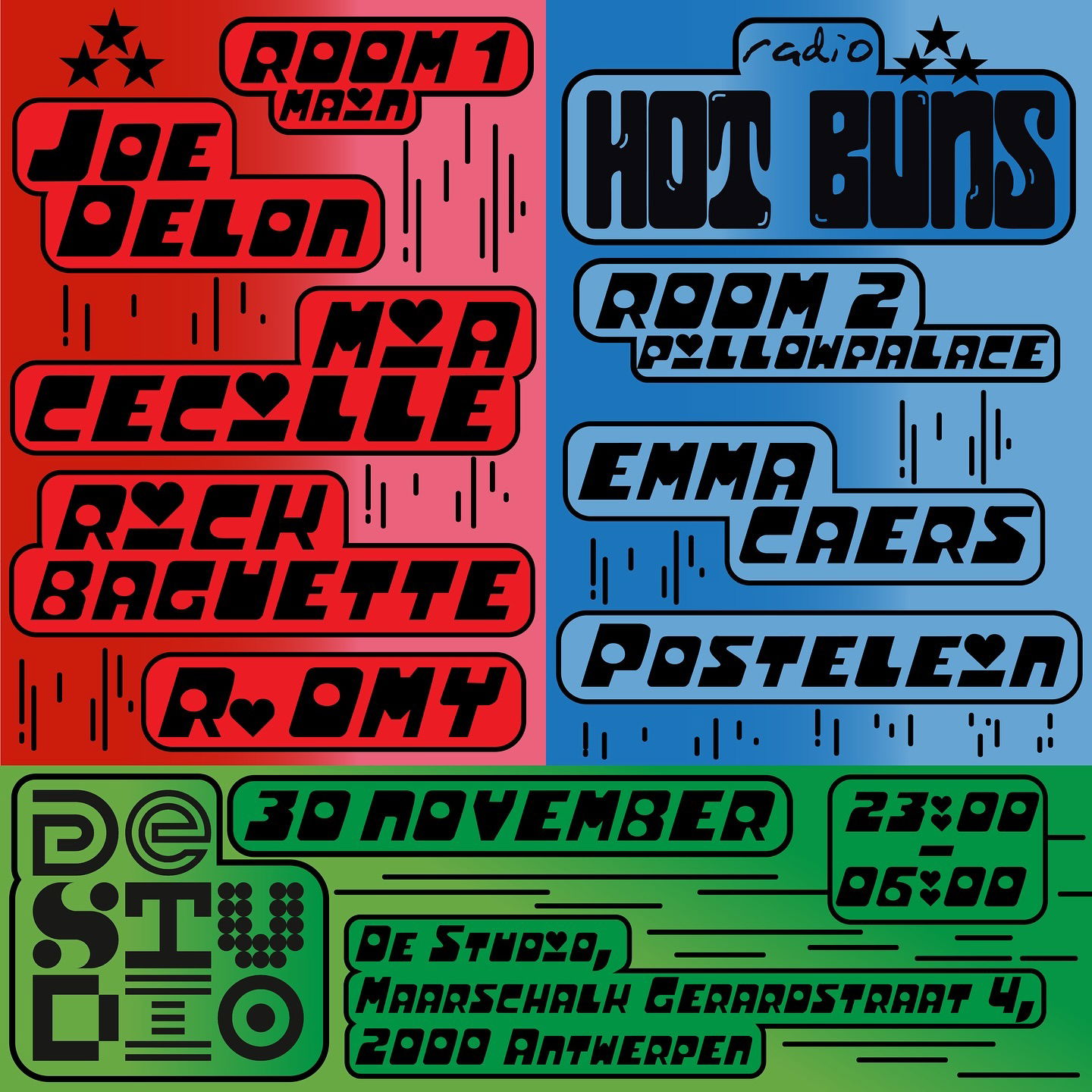 Artwork van Radio Hot Buns at De Studio w/ Joe Delon &amp; Mia Cecille and more, in opdracht van Radio Hot Buns en De Studio